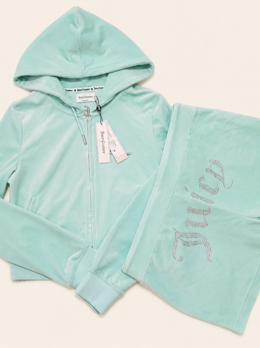 Juicy Couture Tint Of Mint OG Bling Luxe Velour Zip Up Hoodie & Shorts Set - M/L